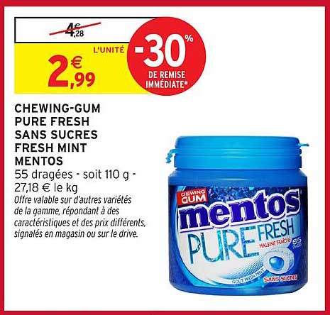 CHEWING-GUM PURE FRESH SANS SUCRES FRESH MINT MENTOS