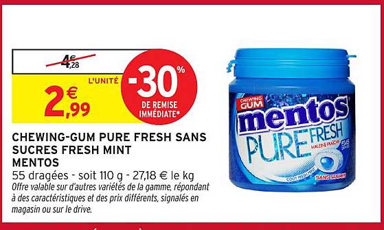 CHEWING-GUM PURE FRESH SANS SUCRES FRESH MINT MENTOS