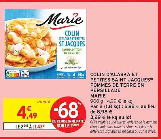 COLIN D'ALASKA ET PETITES SAINT JACQUES POMMES DE TERRE EN PERSILLADE MARIE
