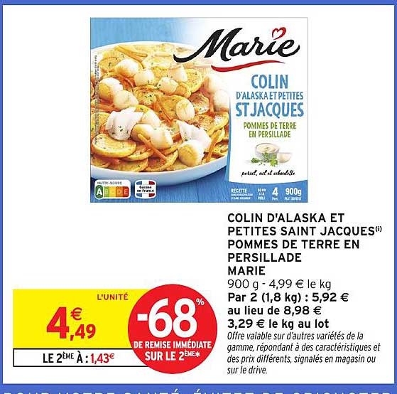 COLIN D'ALASKA ET PETITES SAINT JACQUES POMMES DE TERRE EN PERSILLADE MARIE