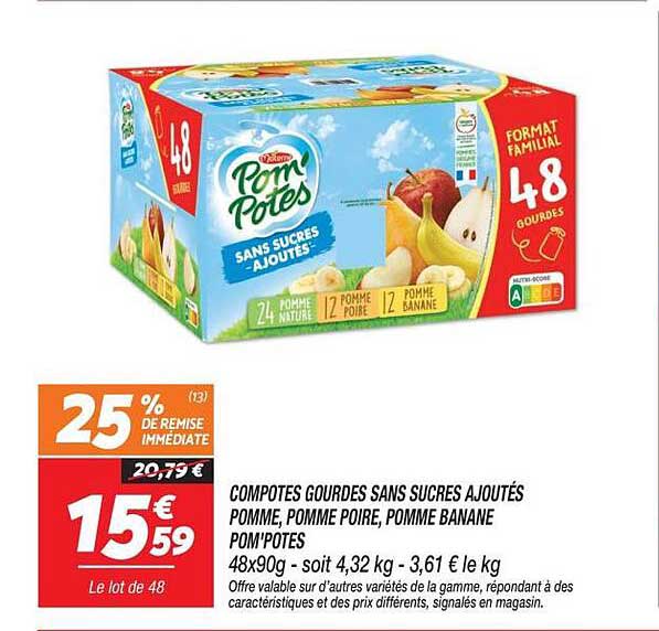COMPOTES GOURDES SANS SUCRES AJOUTÉS POMME, POMME POIRE, POMME BANANE POM'POTES