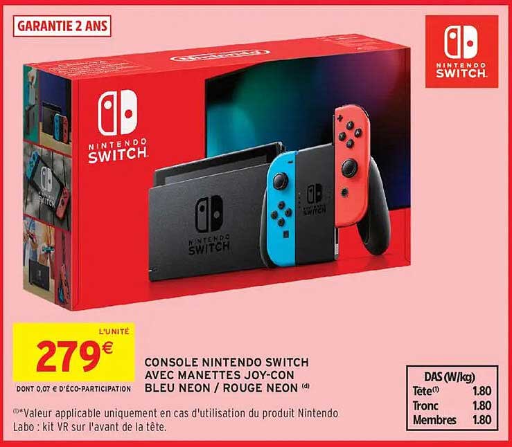 CONSOLE NINTENDO SWITCH AVEC MANETTES JOY-CON BLEU NEON / ROUGE NEON