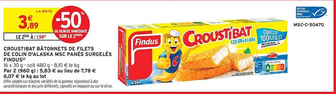CROUST'IBAT BÂTONNETS DE FILETS DE COLIN D'ALASKA MSC PANÉS SURGELÉS FINDUS