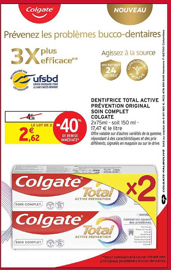 DENTIFRICE TOTAL ACTIVE PRÉVENTION ORIGINAL SOIN COMPLET COLGATE