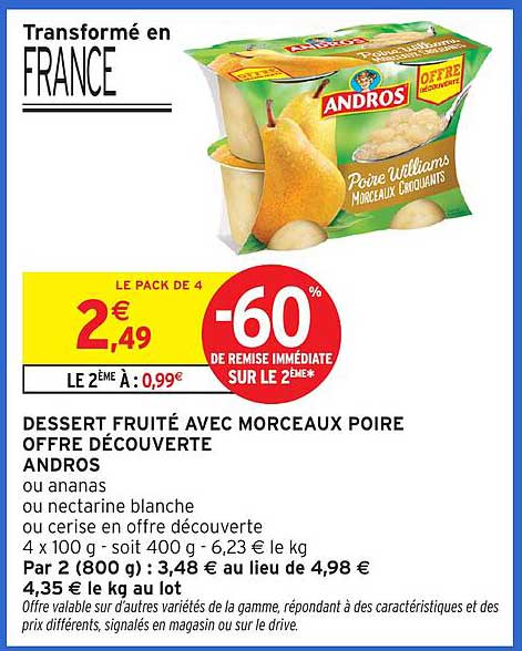 DESSERT FRUITÉ AVEC MORCEAUX POIRE OFFRE DÉCOUVERTE ANDROS