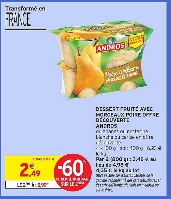 DESSERT FRUITÉ AVEC MORCEAUX POIRE OFFRE DÉCOUVERTE ANDROS