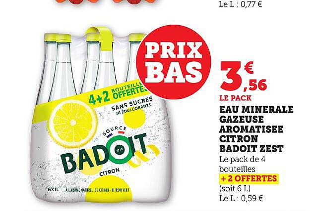 EAU MINERALE GAZEUSE AROMATISEE CITRON BADOIT ZEST