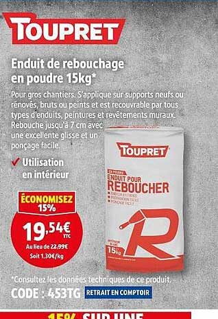 Enduit de rebouchage en poudre 15kg