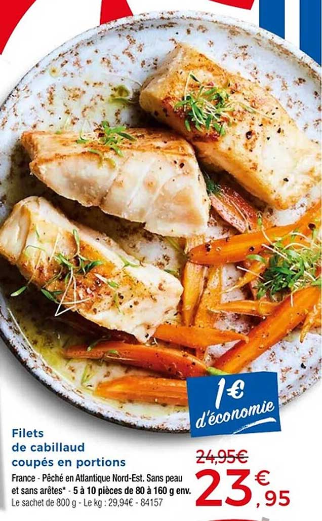 Filets de cabillaud coupés en portions