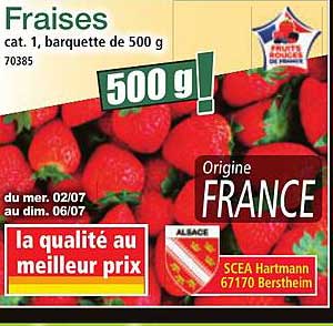 Fraises cat. 1, barquette de 500 g