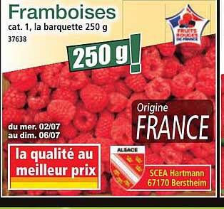 Framboises - cat. 1, la barquette 250 g