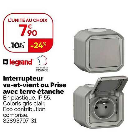 Interruptteur va-et-vient ou Prise avec terre étanche
