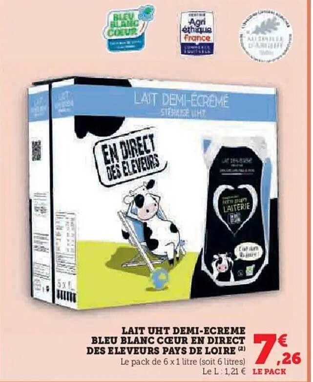 LAIT UHT DEMI-ÉCRÉME BLEU BLANC CŒUR EN DIRECT DES ÉLEVEURS PAYS DE LOIRE