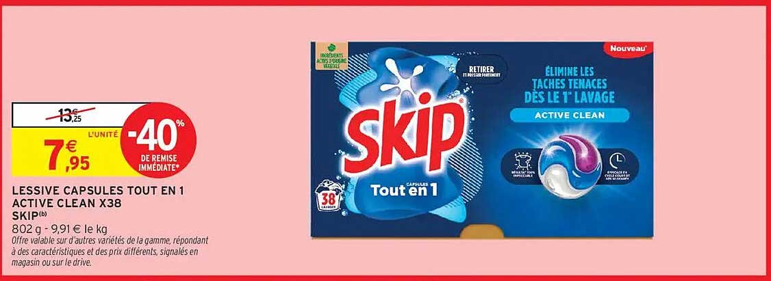 LESSIVE CAPSULES TOUT EN 1 ACTIVE CLEAN X38 SKIP