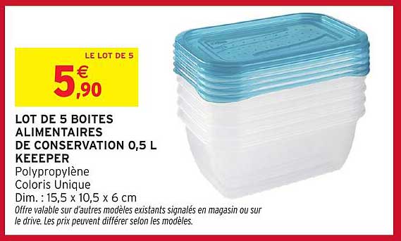 LOT DE 5 BOITES ALIMENTAIRES DE CONSERVATION 0,5 L KEEPER