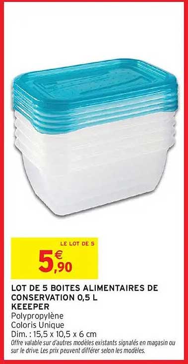 LOT DE 5 BOITES ALIMENTAIRES DE CONSERVATION 0,5 L KEEPER