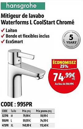 Mitigeur de lavabo Waterforms L CoolStart Chromé