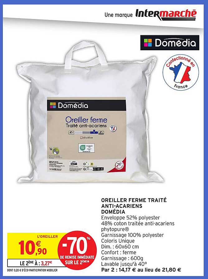 OREILLER FERME TRAITÉ ANTI-ACARIENS DOMÉDIA