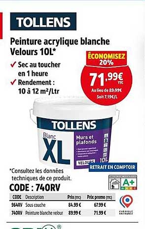 Peinture acrylique blanche Velours 10L*