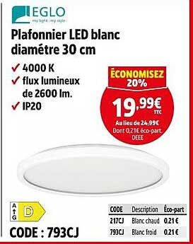 Plafonnier LED blanc diamètre 30 cm