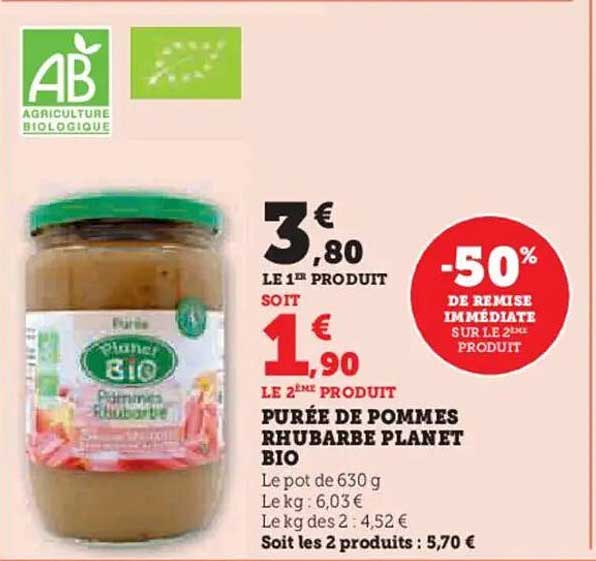 Purée de pommes rhubarbe Planet Bio