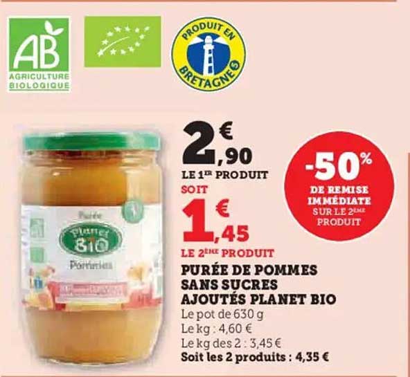Purée de pommes sans sucres ajoutés Planet Bio