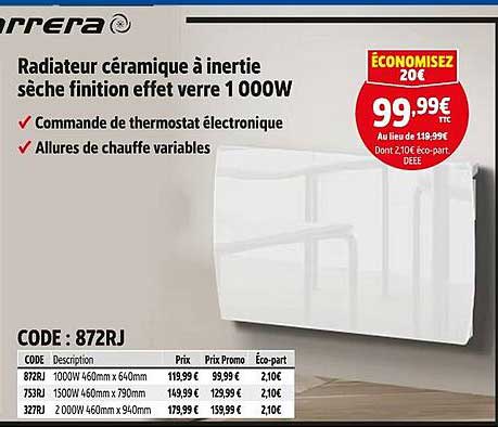 Radiateur céramique à inertie sèche finition effet verre 1 000W