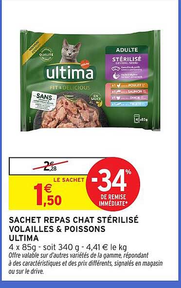 SACHET REPAS CHAT STÉRILISÉ VOLAILLES & POISSONS ULTIMA
