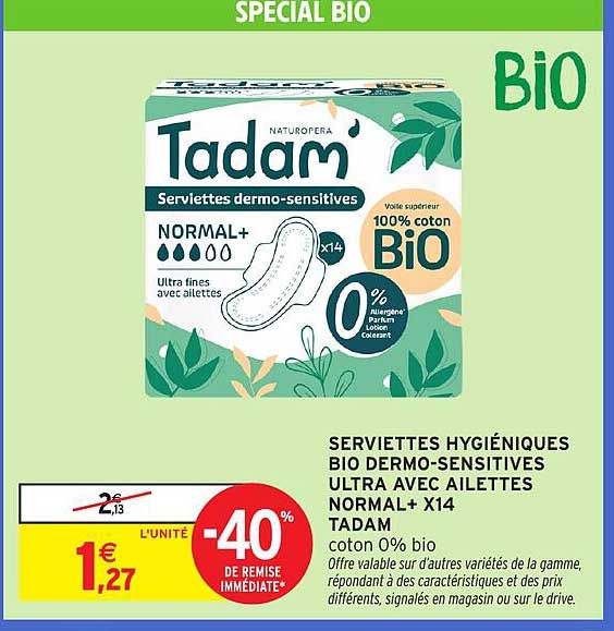 SERVIETTES HYGIÉNIQUES BIO DERMO-SENSITIVES ULTRA AVEC AILETTES NORMAL+ X14 TADAM