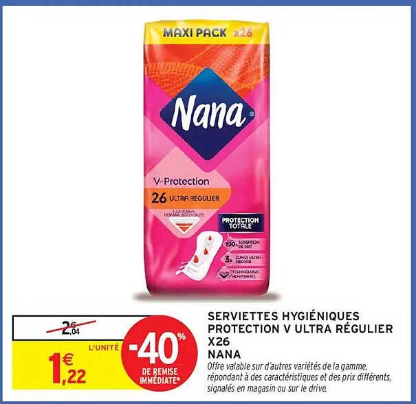 SERVIETTES HYGIÉNIQUES PROTECTION V ULTRA RÉGULIER X26 NANA