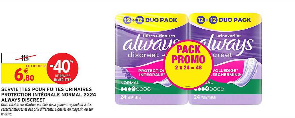 SERVIETTES POUR FUITES URINAIRES PROTECTION INTÉGRALE NORMAL 2X24 ALWAYS DISCREET