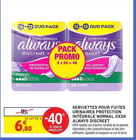 SERVIETTES POUR FUITES URINAIRES PROTECTION INTÉGRALE NORMAL 2X24 ALWAYS DISCREET