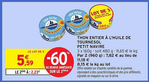 THON ENTIER À L'HUILE DE TOURNESOL PETIT NAVIRE