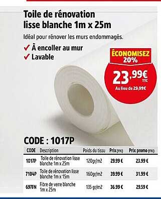 Toile de rénovation lisse blanche 1m x 25m