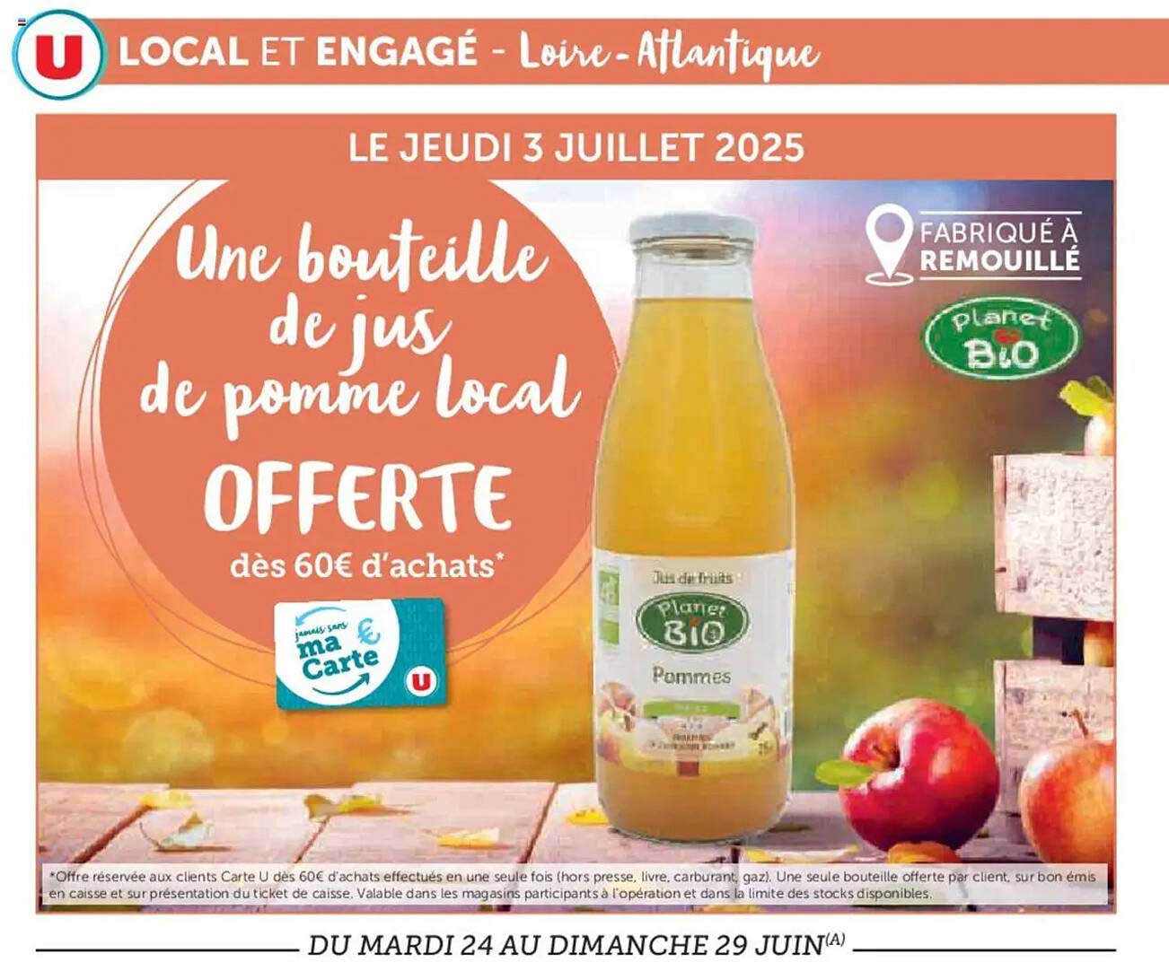 Une bouteille de jus de pomme local OFFERTE dès 60€ d'achats