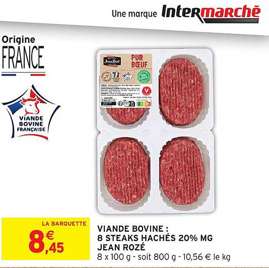 VIANDE BOVINE : 8 STEAKS HACHÉS 20% MG JEAN ROZÉ