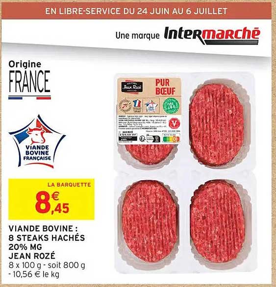 VIANDE BOVINE : 8 STEAKS HACHÉS 20% MG