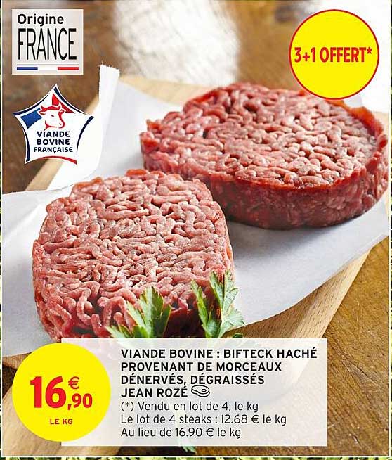 VIANDE BOVINE : BIFTECK HACHÉ PROVENANT DE MORCEAUX DÉNERVÉS, DÉGRAISSÉS JEAN ROZÉ