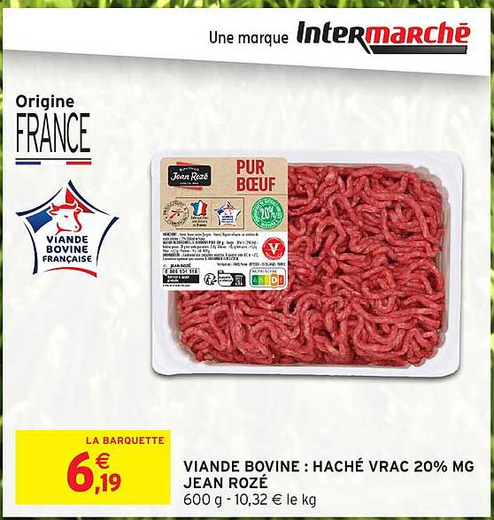 VIANDE BOVINE : HACHÉ VRAC 20% MG JEAN ROZÉ