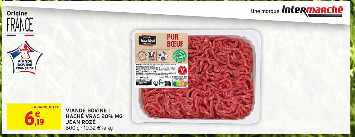 VIANDE BOVINE : HACHÉ VRAC 20% MG JEAN ROZÉ