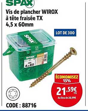 Vis de plancher WIROX à tête fraisée TX 4,5 x 60mm - Lot de 300
