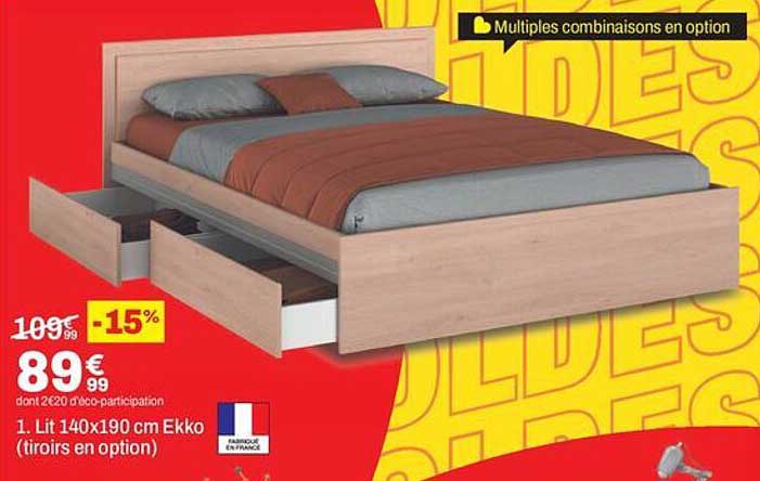 1. Lit 140x190 cm Ekko (tiroirs en option)