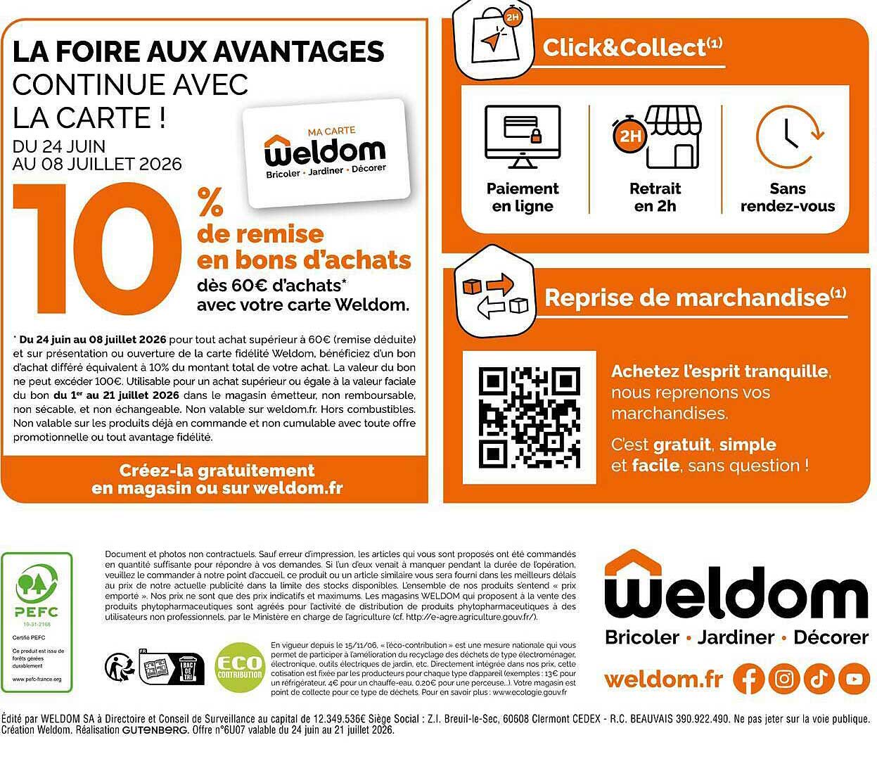 10 % de remise en bons d’achats dès 60€ d’achats* avec votre carte Weldom.