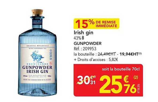 15% DE REMISE IMMÉDIATE Irish gin 43% GUNPOWDER