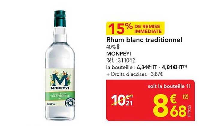 15% DE REMISE IMMÉDIATE Rhum blanc traditionnel