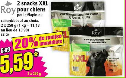 2 snacks XXL pour chiens poulet/lapin ou canard/boeuf au choix,