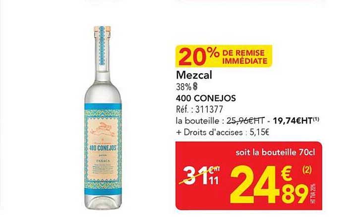 20% DE REMISE IMMÉDIATE Mezcal 38% 400 CONEJOS