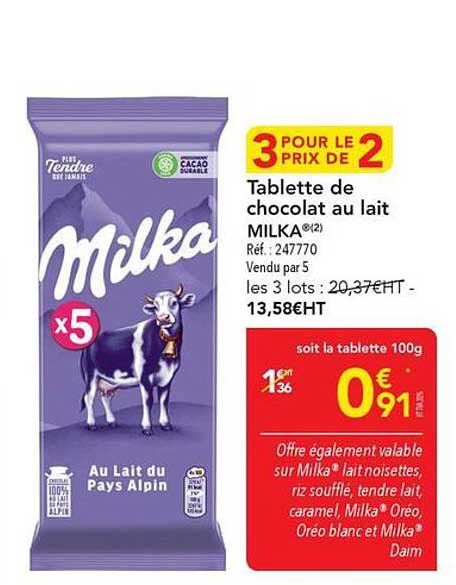 3 pour le prix de 2 Tablette de chocolat au lait MILKA