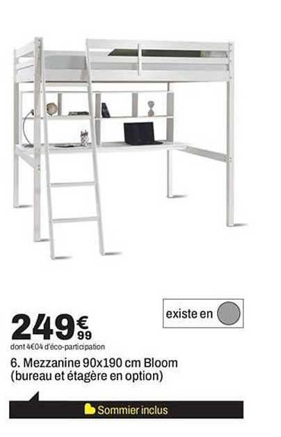 6. Mezzanine 90x190 cm Bloom (bureau et étagère en option)