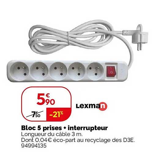 Bloc 5 prises + interrupteur